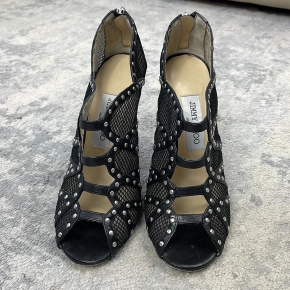 SOLD Jimmy Choo Karina Black Fishnet Studded Calf Leather Cage Heels with Box 37 - Picture 4 of 16